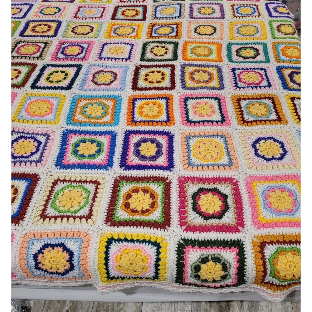 Vibrant Handmade Crochet Granny Square Afghan Blanket MultiColor Floral Sunburst